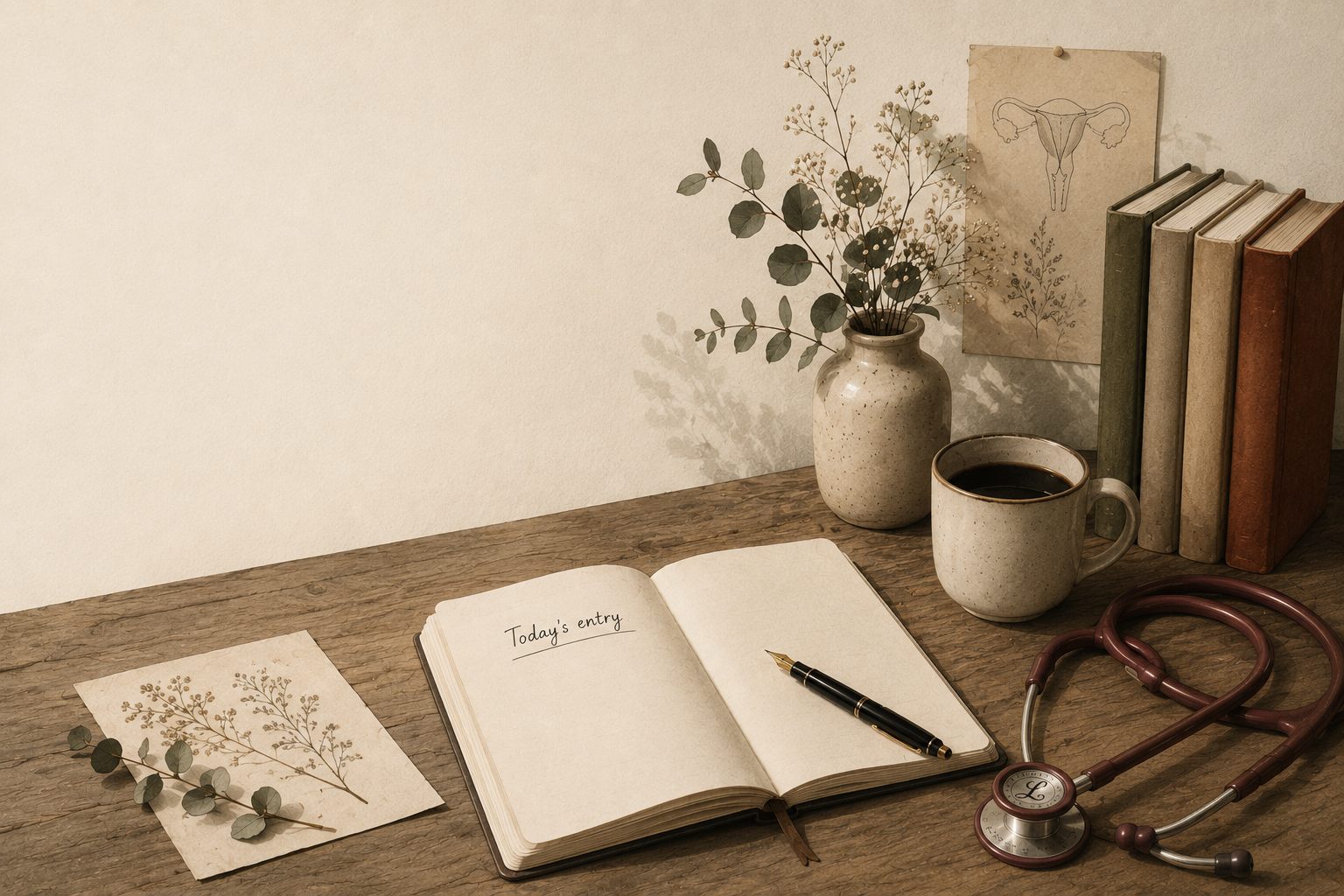 Editorial illustration of a physician-writer's desk.